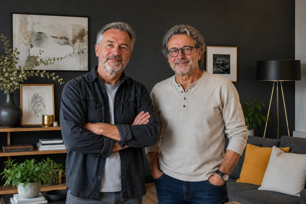 Nous sommes Yves et Lucas, deux amis artisans aujourd’hui à la retraite, mais toujours animés par la même passion : la rénovation, la décoration, l’aménagement de la maison et les éclairages intérieurs.
