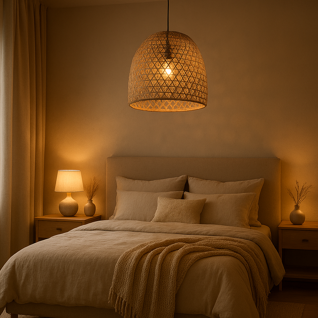 Ambiance cocooning avec lustre design pour chambre adulte
