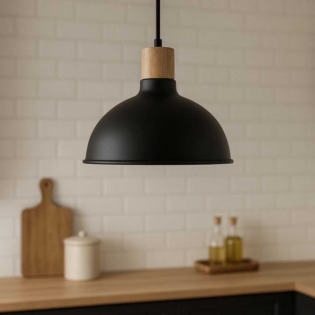 Détail d’un lustre cuisine noir et bois avec finition bois et métal noir