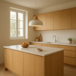 lustre blanc et bois cuisine