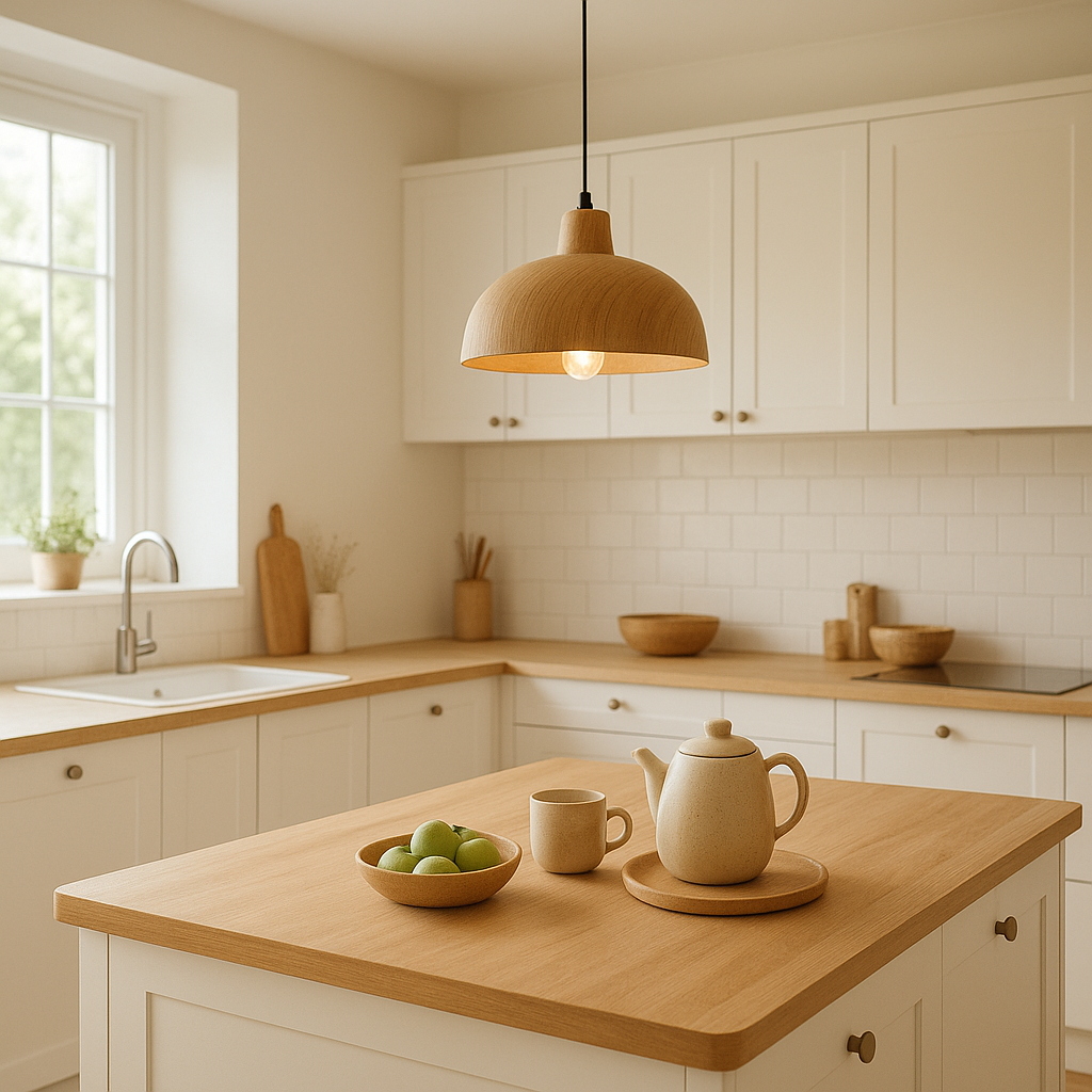 Quelle couleur de lustre choisir pour une cuisine blanche ? 2 Lustre bois dans une cuisine blanche au style naturel