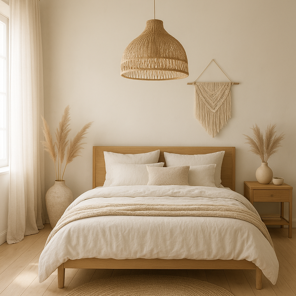 Comment choisir un lustre de chambre bohème sans surcharger la pièce ? 1 Lustre chambre bohème en rotin dans une chambre épurée
