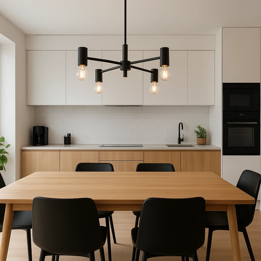 Lustre cuisine noir et bois dans une cuisine ouverte moderne