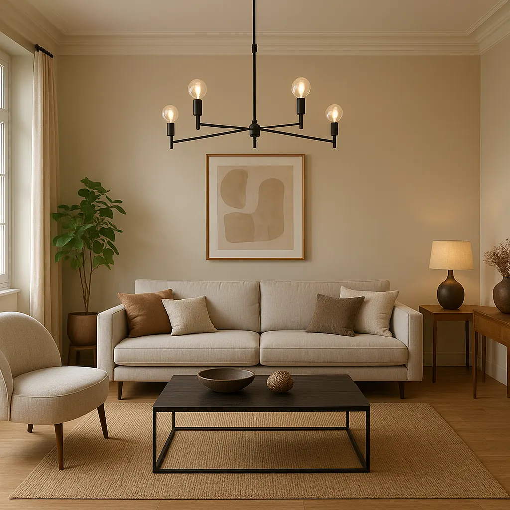 Lustre en métal noir dans un salon moderne