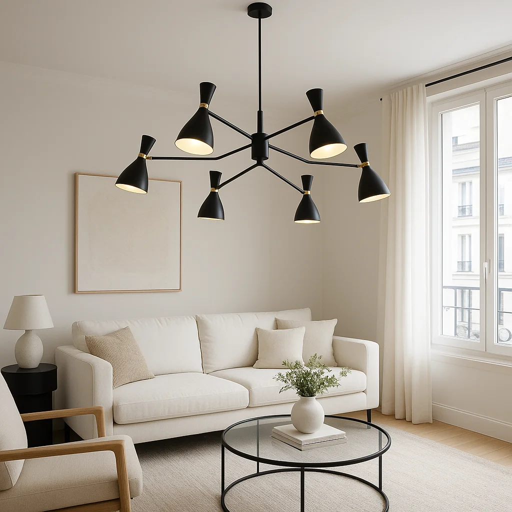 Lustre métal design noir mat dans un salon moderne