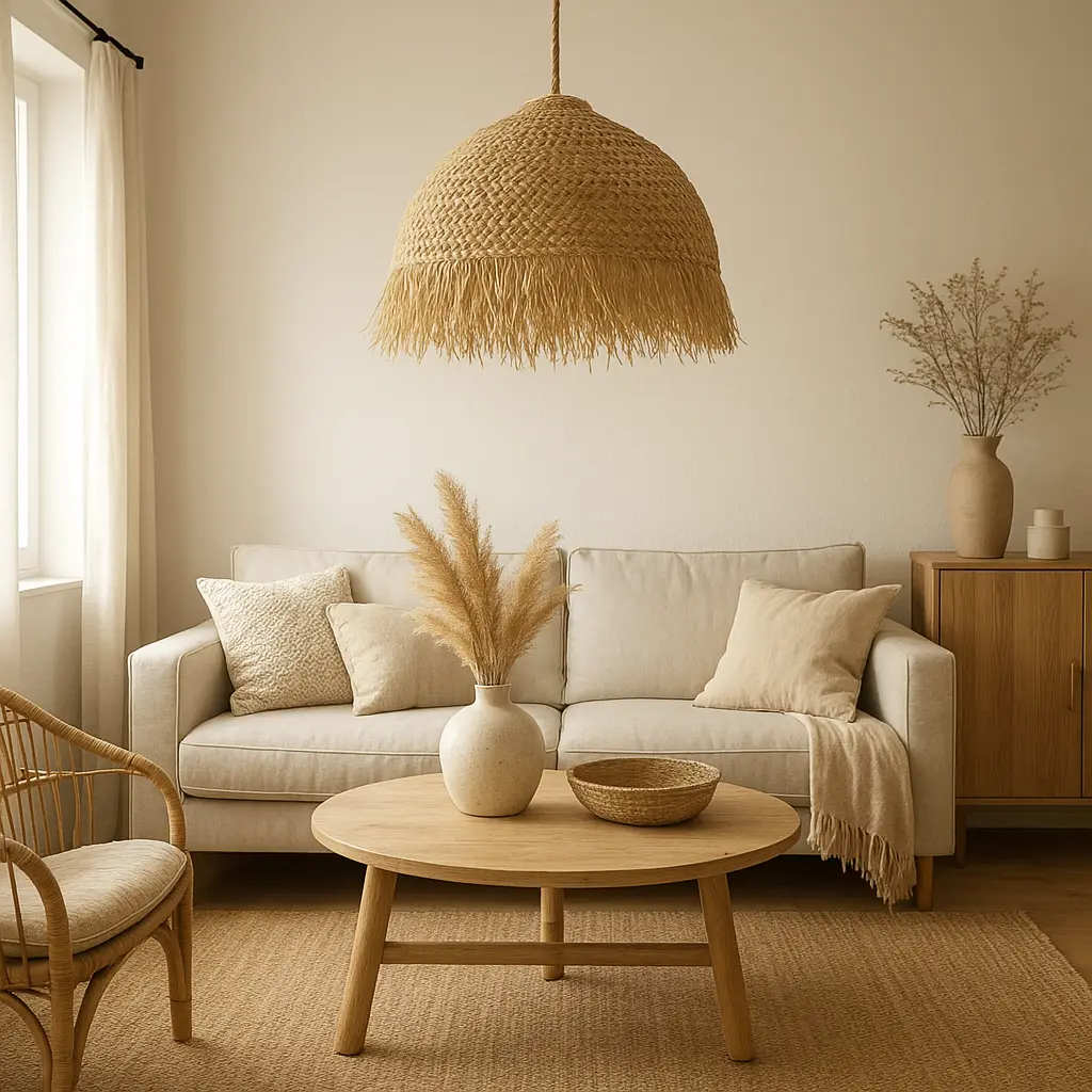 Lustre paille salon dans un intérieur chaleureux et naturel