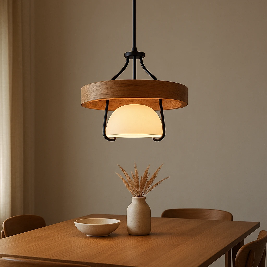 Lustre salle à manger bois et noir au-dessus d’une table conviviale